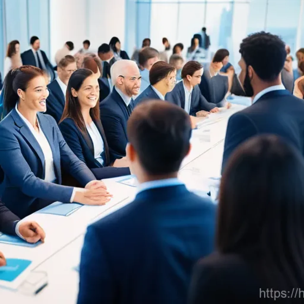 스타트업 마케팅에서의 네트워킹 - A vibrant, warmly lit conference hall bustling with diverse professionals from various industries. P...