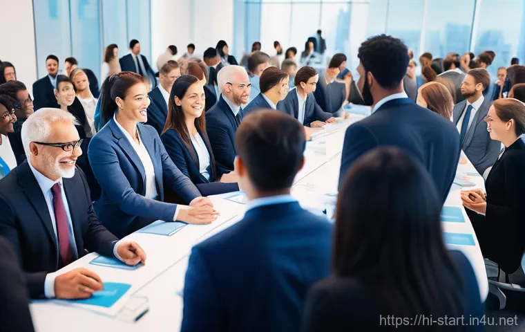스타트업 마케팅에서의 네트워킹 - A vibrant, warmly lit conference hall bustling with diverse professionals from various industries. P...