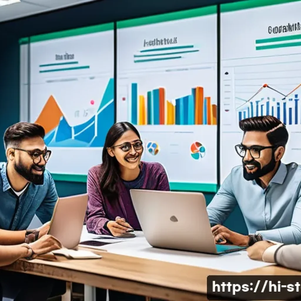 스타트업 마케팅 경력 전환 - A modern startup office scene focused on digital marketing strategy: diverse young professionals col...