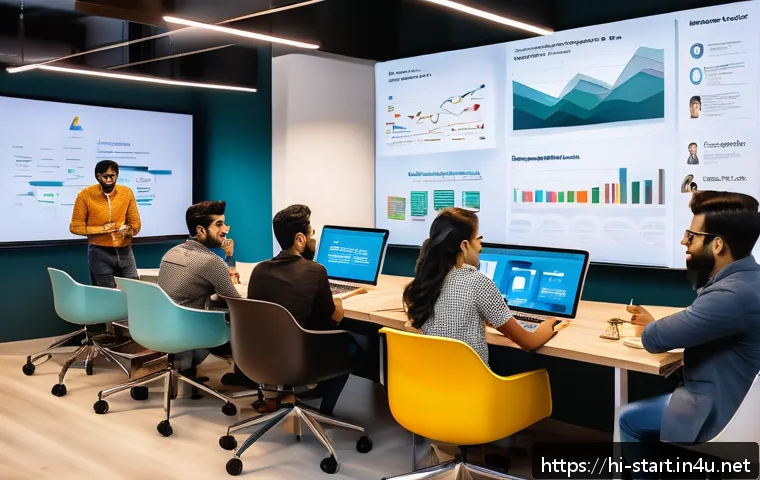 스타트업 마케팅 인터뷰 준비 - A dynamic modern startup office scene featuring a diverse group of young Indian professionals collab...