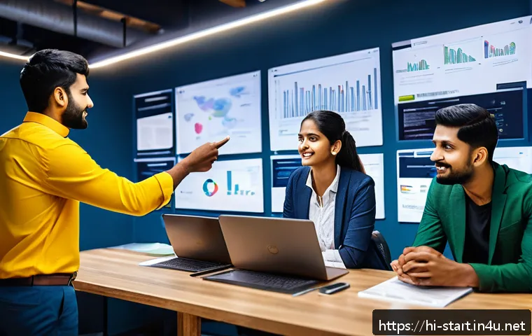 스타트업 마케팅 자격 취득 방법 - A modern startup office scene showing a diverse team of young Indian professionals collaborating on ...