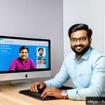 Home 18 스타트업 마케팅 이직을 위한 준비 사항 - A professional Indian digital marketer working at a modern office desk, surrounded by multiple scree...